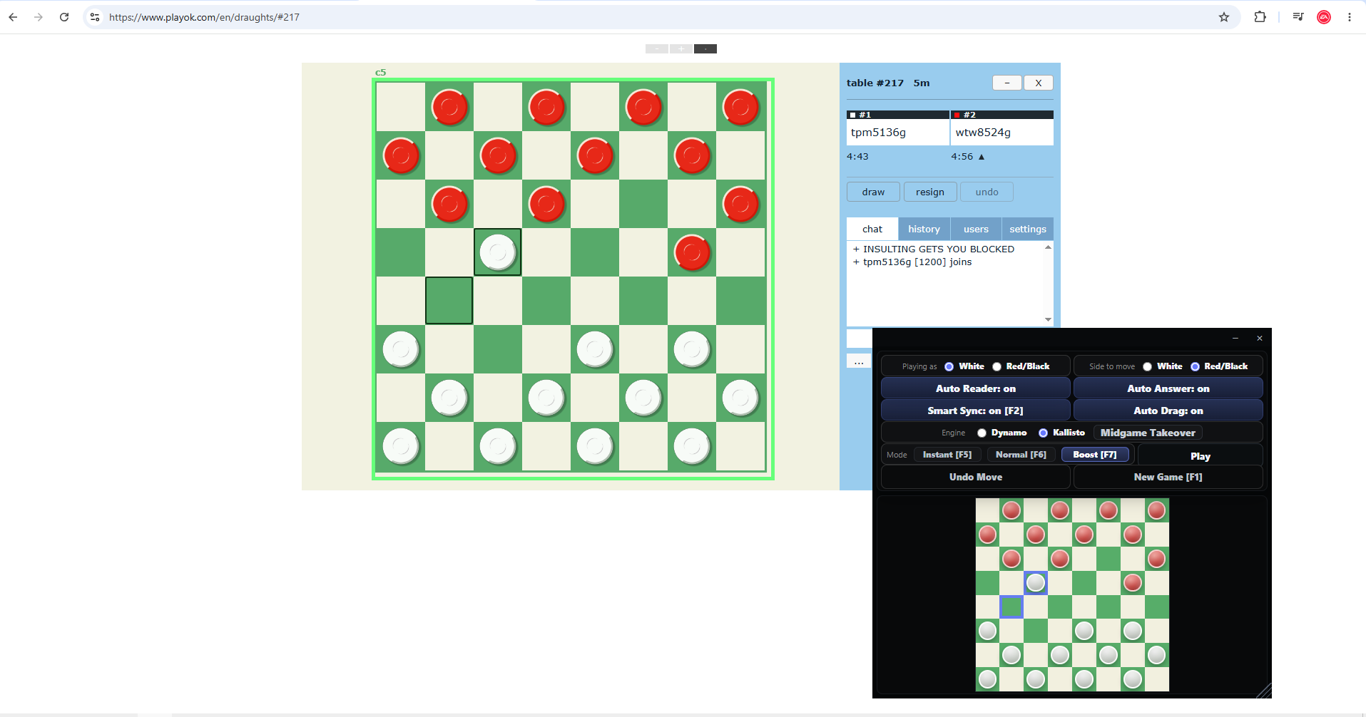 CrownSync running on an online draughts board