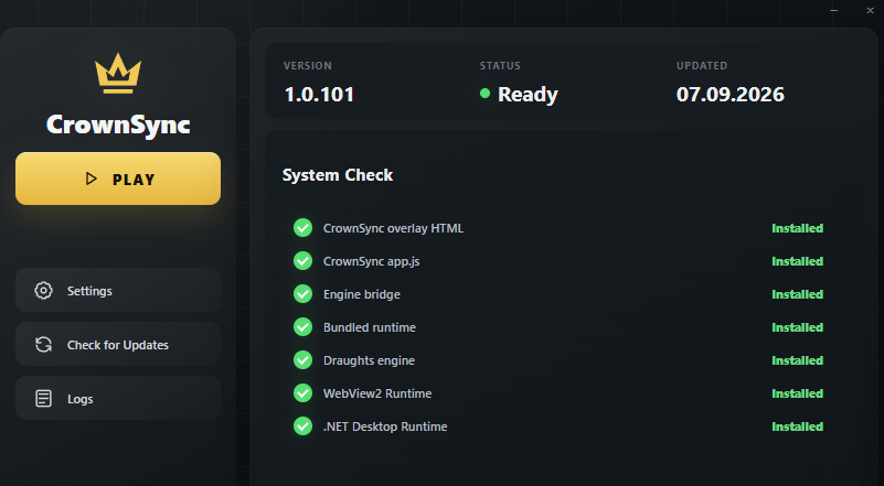 CrownSync Hub with Play, Settings, Check for Updates, Logs and System Check